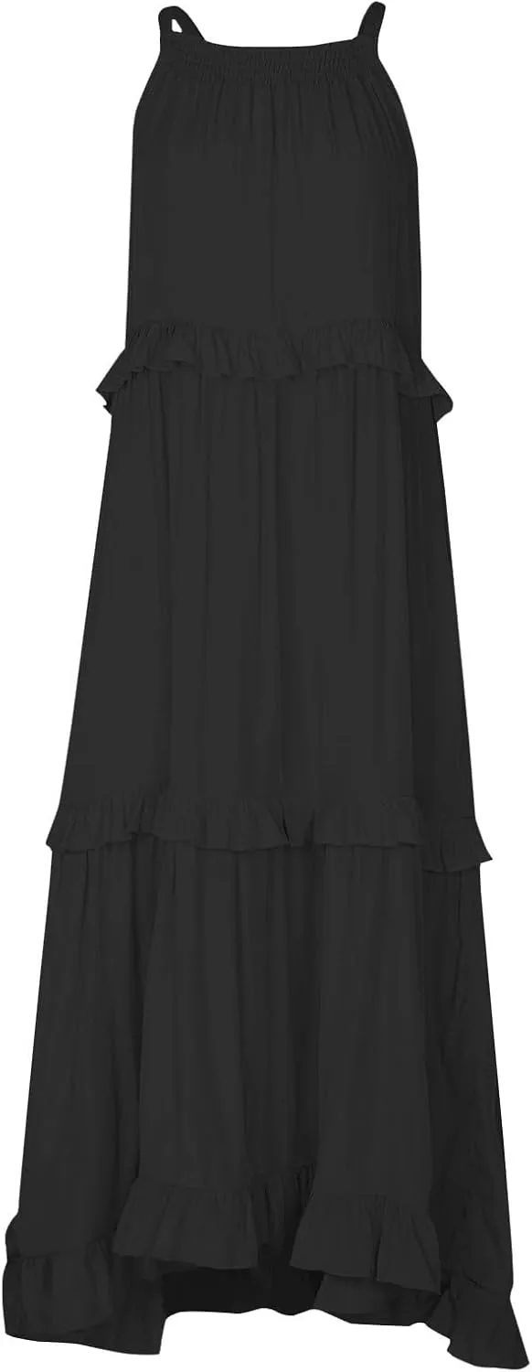 Boho Dresses for Women,2025 Summer Flowy Ruffle Tiered Swing Smocked Beach Sundress,Sleeveless Halter Maxi Dress