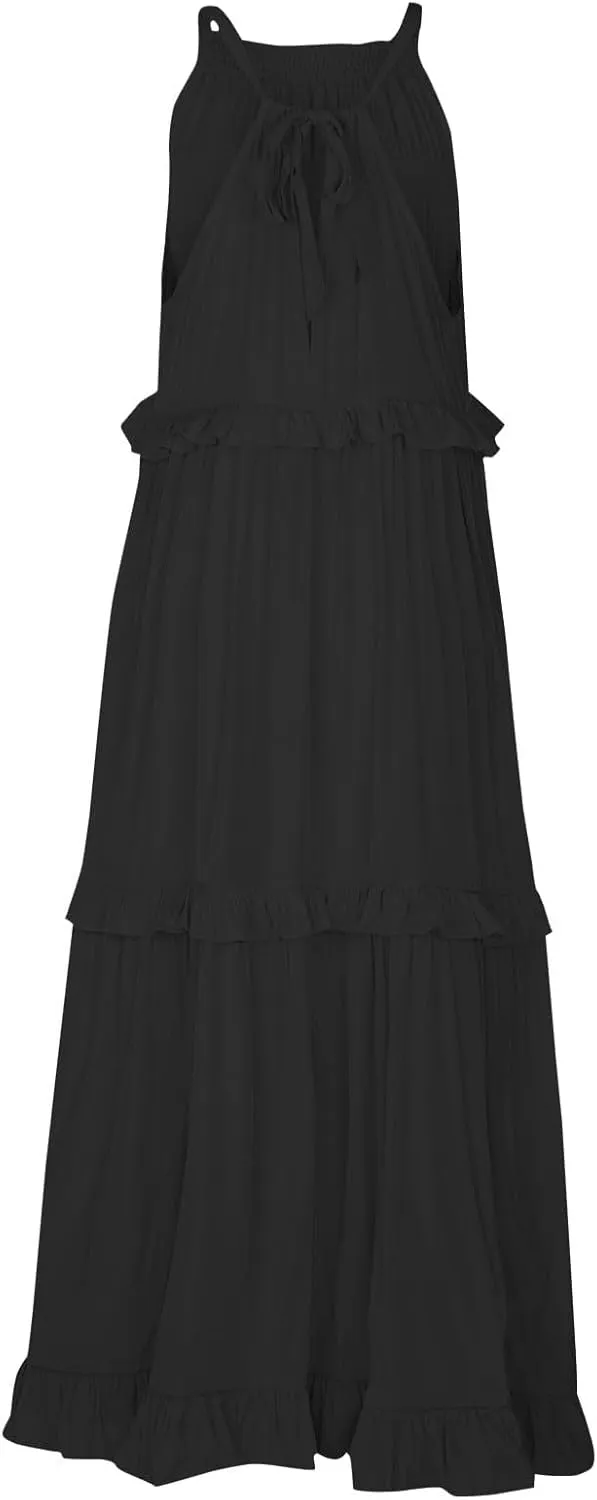 Boho Dresses for Women,2025 Summer Flowy Ruffle Tiered Swing Smocked Beach Sundress,Sleeveless Halter Maxi Dress
