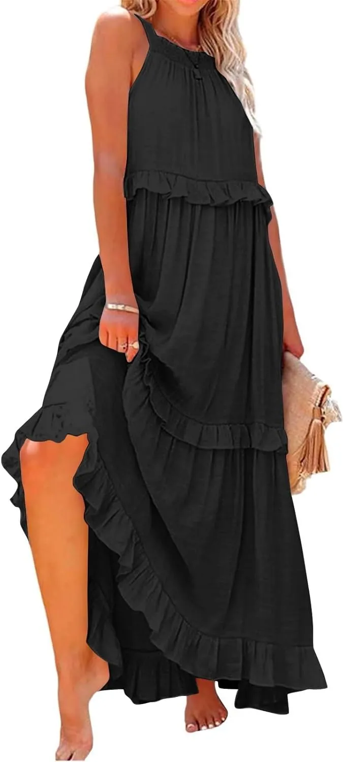 Boho Dresses for Women,2025 Summer Flowy Ruffle Tiered Swing Smocked Beach Sundress,Sleeveless Halter Maxi Dress