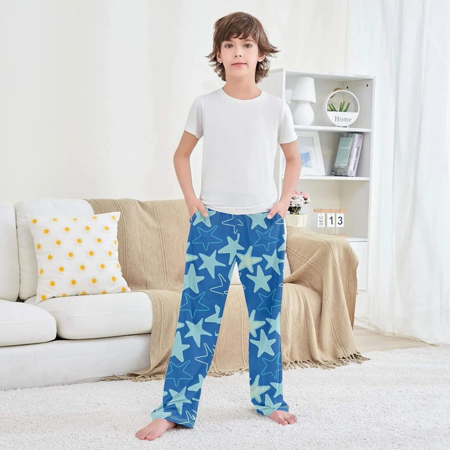 Boys' Pants Artistic Blue Stars Doodle Blue Long Bottoms Jogger Pants Elastic Waist Trousers with Pockets S-XL