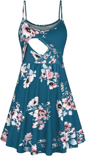 Breastfeeding Dress for Women Summer Sleeveless Maternity Nursing Dress Spaghetti Strap Floral Nursing Dress