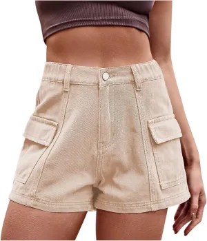BTDECLAR Womens Jean Shorts Casual Elastic Waist Straight Leg Denim Shorts Loose Comfy Chino Pants Cargo Shorts with Pockets