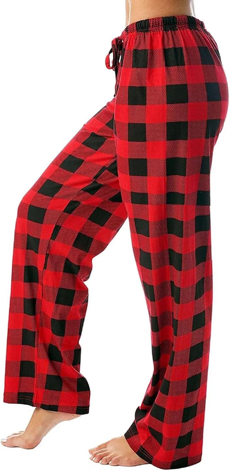 Buffalo Plaid Christmas Pajama Pants Womens Soft Cotton Pj Pants Drawstring High Waist Sleep Pants Wide Leg Pants