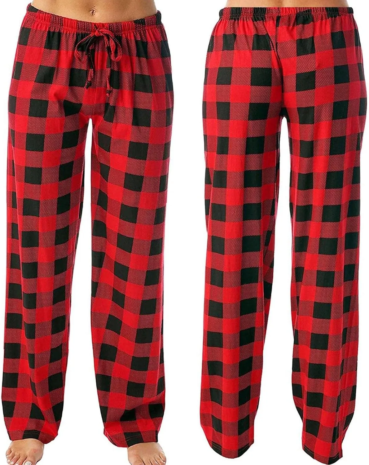 Buffalo Plaid Christmas Pajama Pants Womens Soft Cotton Pj Pants Drawstring High Waist Sleep Pants Wide Leg Pants