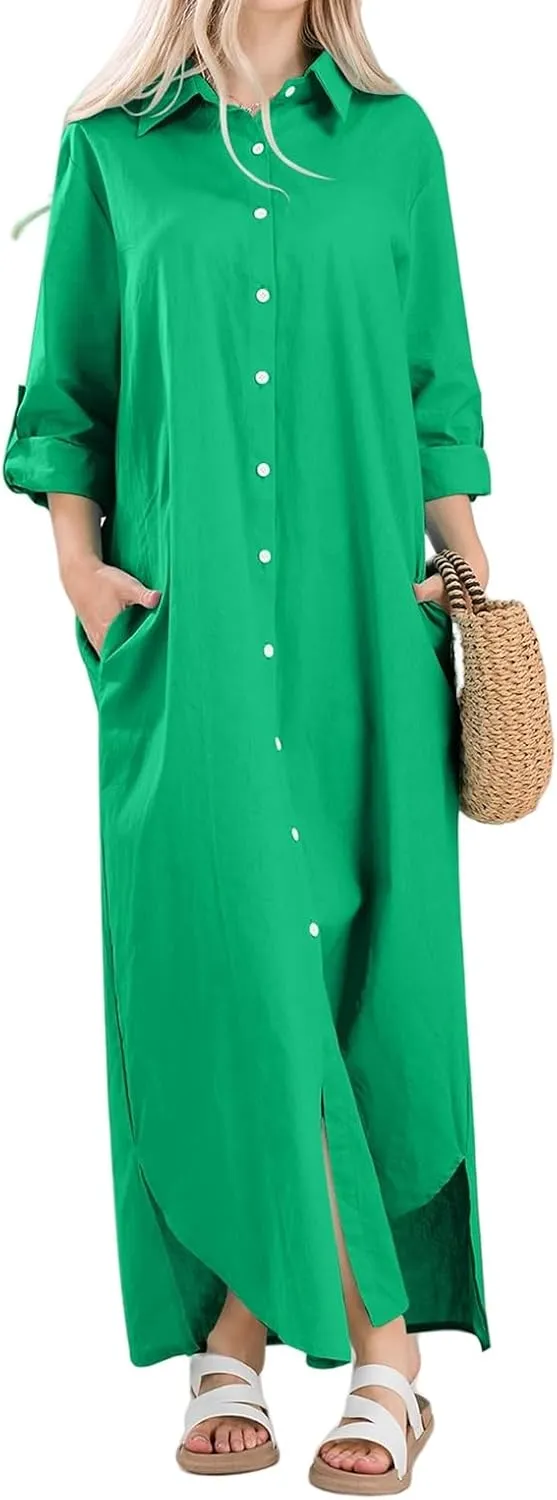Button Down Dress for Women Cotton Summer Long Dresses Casual Loose Split Long Sleeve Maxi Shirt Dress Sundress Pocket