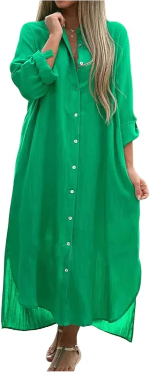 Button Down Dress for Women Cotton Summer Long Dresses Casual Loose Split Long Sleeve Maxi Shirt Dress Sundress Pocket