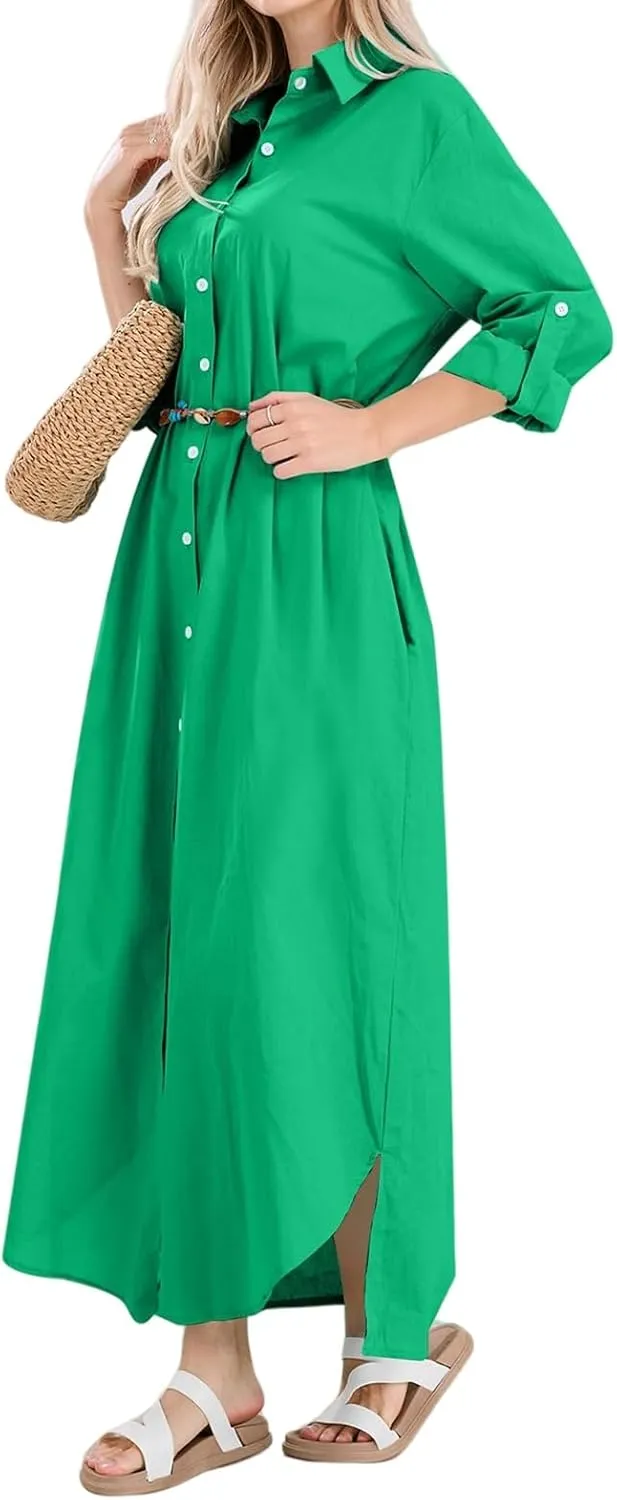 Button Down Dress for Women Cotton Summer Long Dresses Casual Loose Split Long Sleeve Maxi Shirt Dress Sundress Pocket