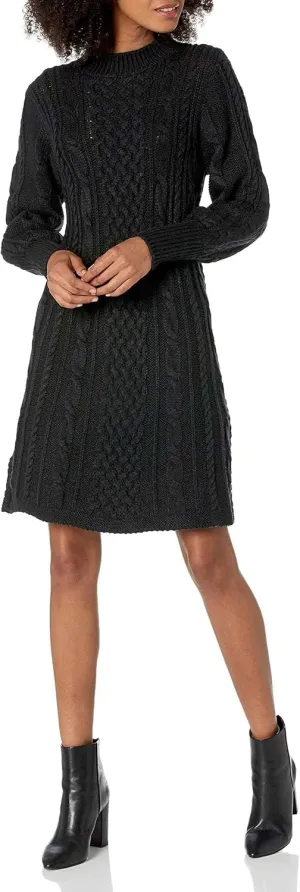 Cable Stitch Women's Cable Knit Dress - Crewneck Long Sleeve Chunky A-Line Flare Sweater Dress