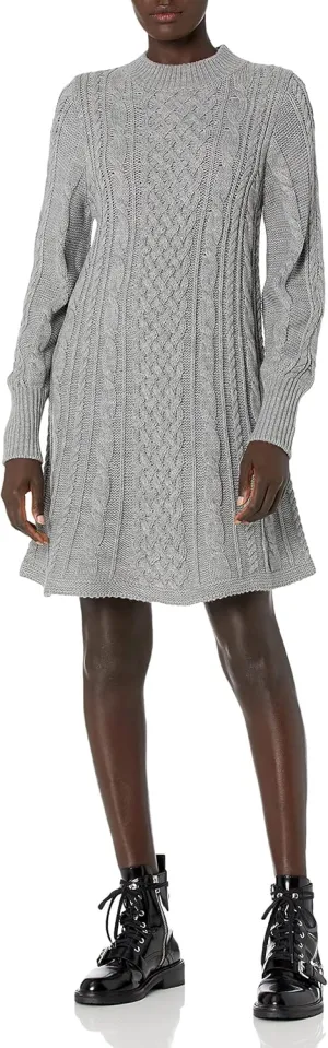 Cable Stitch Women's Cable Knit Dress - Crewneck Long Sleeve Chunky A-Line Flare Sweater Dress