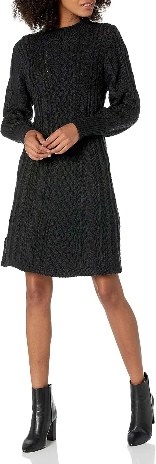 Cable Stitch Women's Cable Knit Dress - Crewneck Long Sleeve Chunky A-Line Flare Sweater Dress