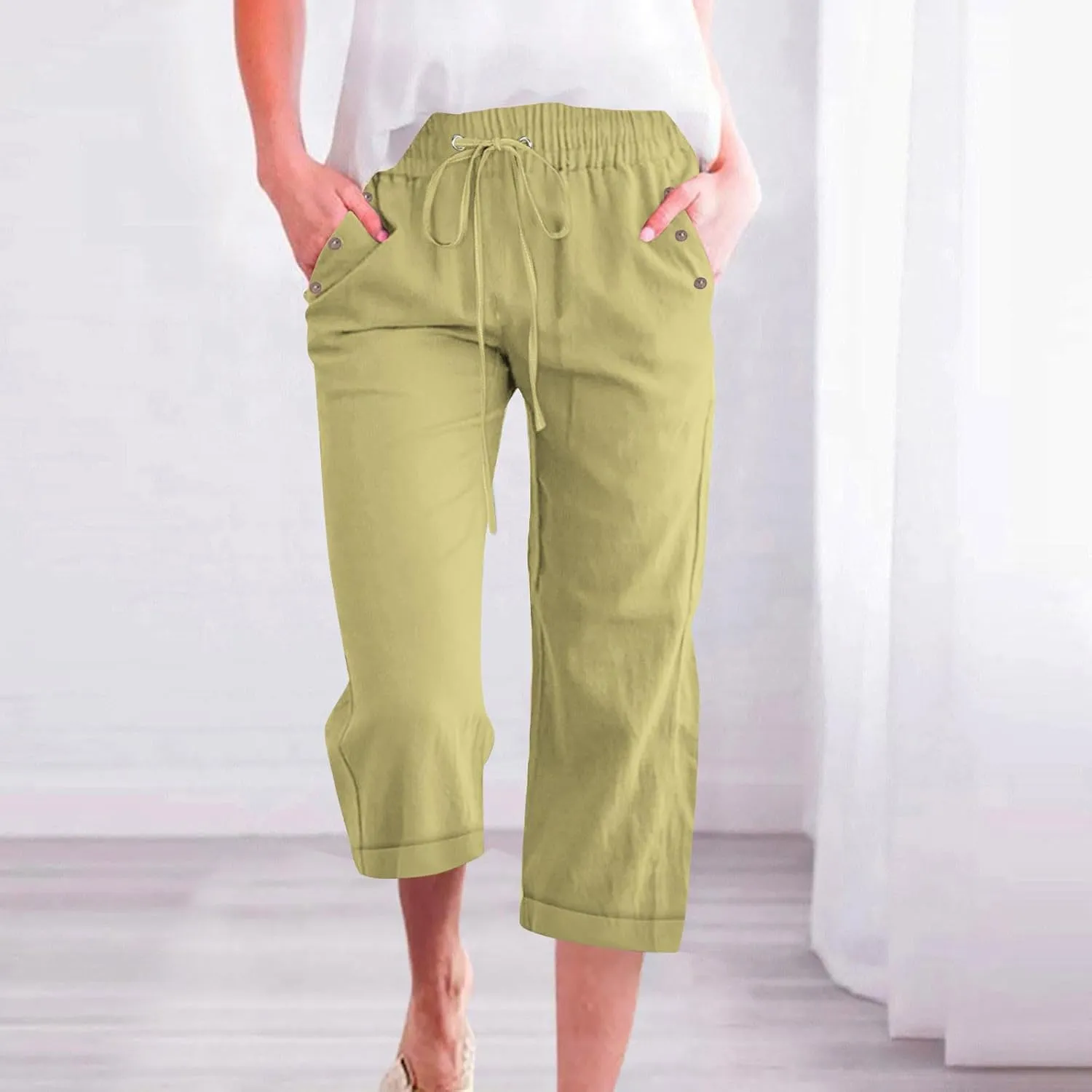 Capri Linen Pants for Women Cotton Casual Summer Capris Drawstring High Waist Pants Wide Leg Buttons Cropped Trousers