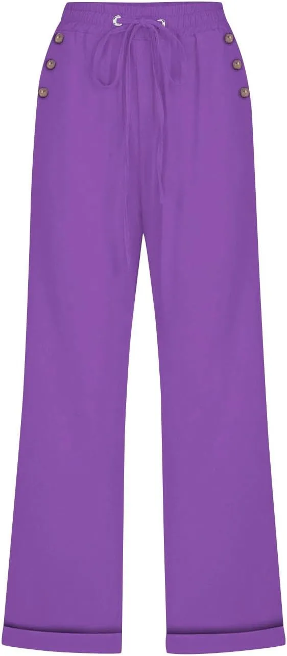 Capri Linen Pants for Women Cotton Casual Summer Capris Drawstring High Waist Pants Wide Leg Buttons Cropped Trousers