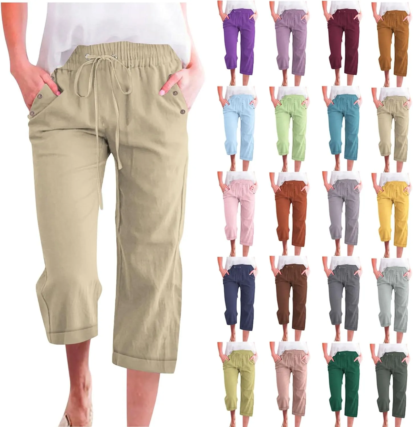 Capri Linen Pants for Women Cotton Casual Summer Capris Drawstring High Waist Pants Wide Leg Buttons Cropped Trousers