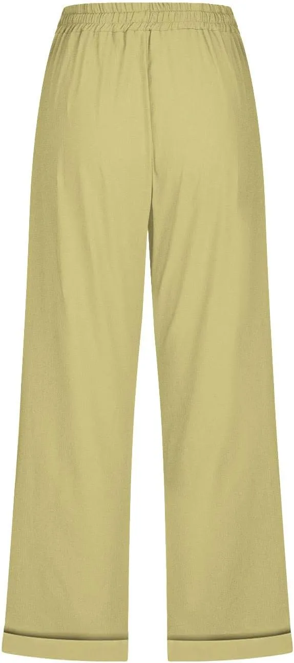Capri Linen Pants for Women Cotton Casual Summer Capris Drawstring High Waist Pants Wide Leg Buttons Cropped Trousers
