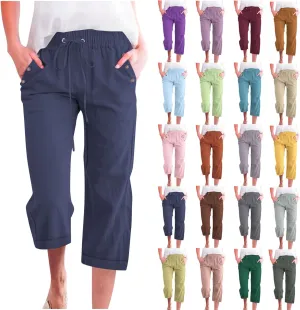 Capri Linen Pants for Women Cotton Casual Summer Capris Drawstring High Waist Pants Wide Leg Buttons Cropped Trousers