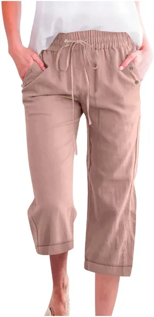 Capri Linen Pants for Women Cotton Casual Summer Capris Drawstring High Waist Pants Wide Leg Buttons Cropped Trousers