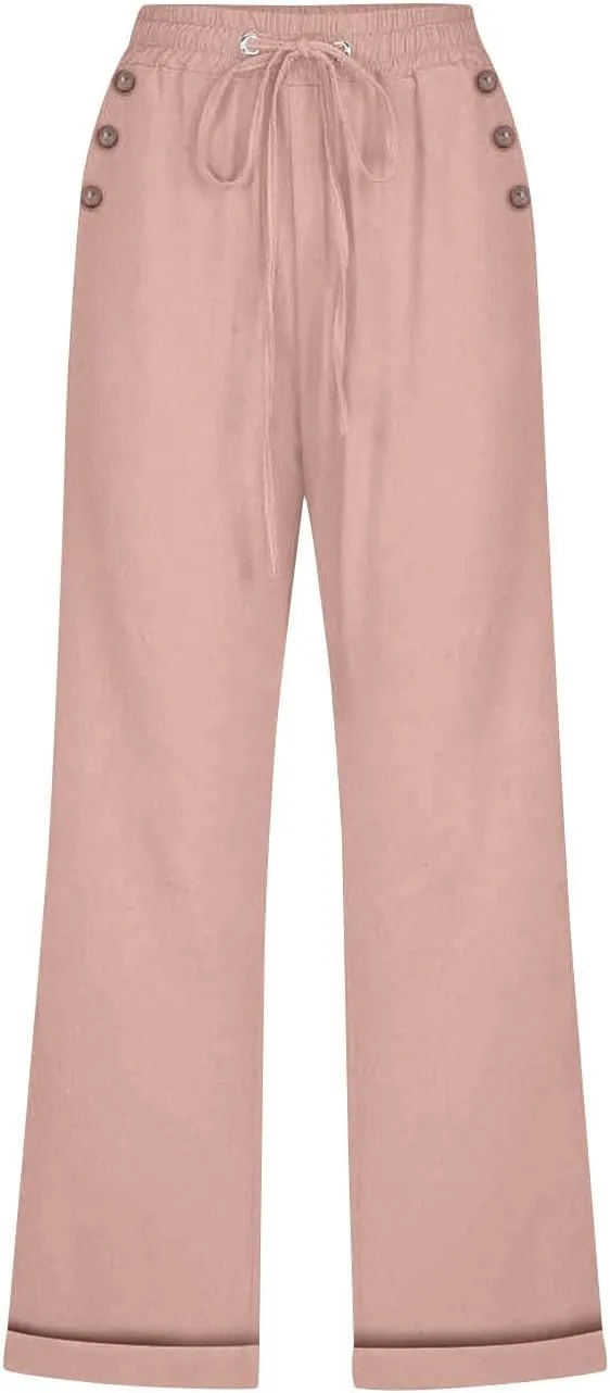 Capri Linen Pants for Women Cotton Casual Summer Capris Drawstring High Waist Pants Wide Leg Buttons Cropped Trousers