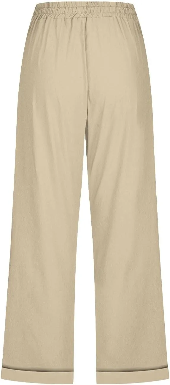Capri Linen Pants for Women Cotton Casual Summer Capris Drawstring High Waist Pants Wide Leg Buttons Cropped Trousers
