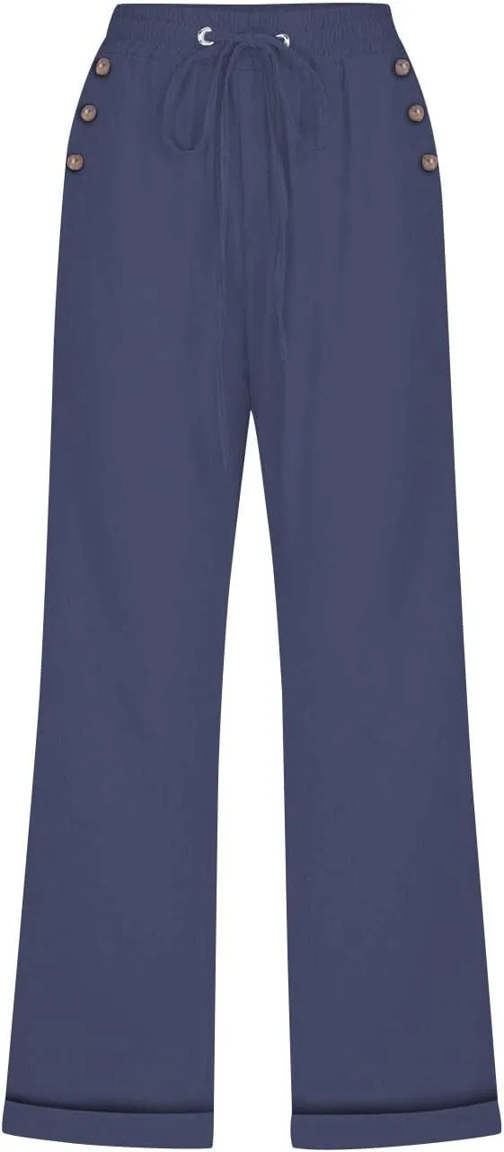 Capri Linen Pants for Women Cotton Casual Summer Capris Drawstring High Waist Pants Wide Leg Buttons Cropped Trousers