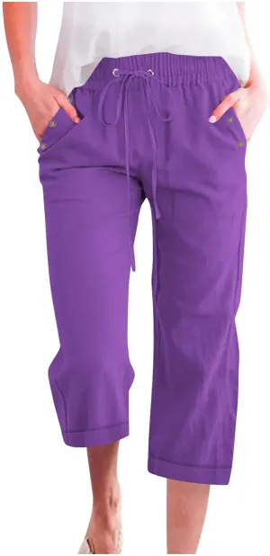 Capri Linen Pants for Women Cotton Casual Summer Capris Drawstring High Waist Pants Wide Leg Buttons Cropped Trousers