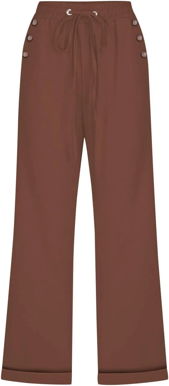 Capri Linen Pants for Women Cotton Casual Summer Capris Drawstring High Waist Pants Wide Leg Buttons Cropped Trousers