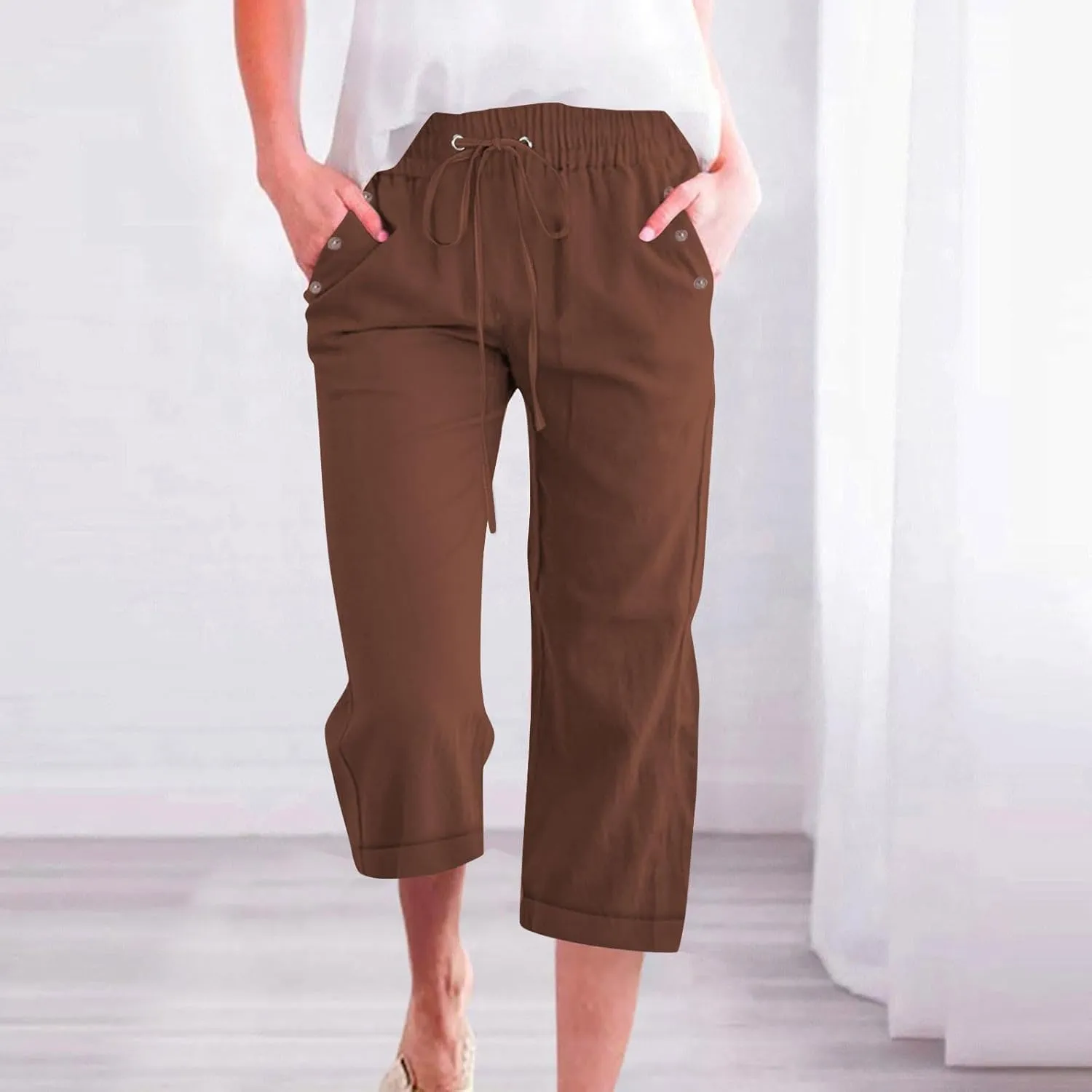 Capri Linen Pants for Women Cotton Casual Summer Capris Drawstring High Waist Pants Wide Leg Buttons Cropped Trousers