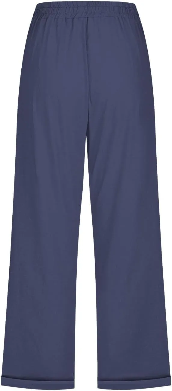 Capri Linen Pants for Women Cotton Casual Summer Capris Drawstring High Waist Pants Wide Leg Buttons Cropped Trousers