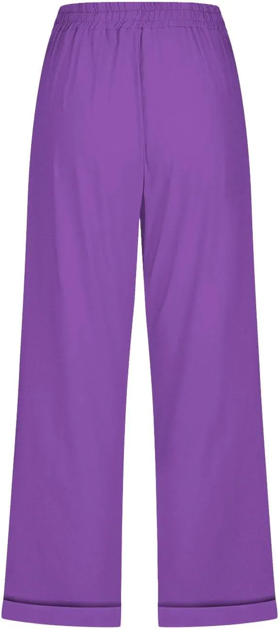 Capri Linen Pants for Women Cotton Casual Summer Capris Drawstring High Waist Pants Wide Leg Buttons Cropped Trousers