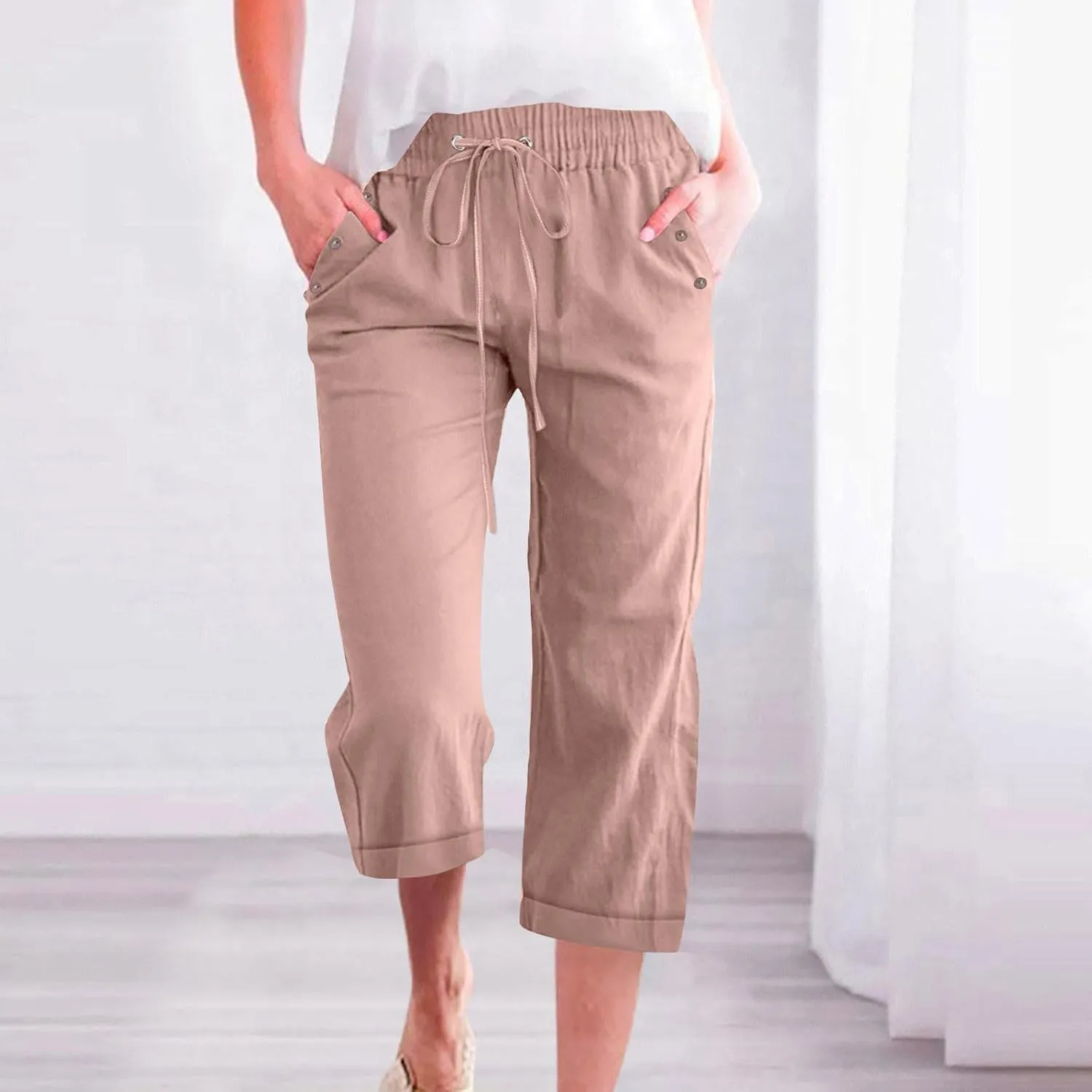 Capri Linen Pants for Women Cotton Casual Summer Capris Drawstring High Waist Pants Wide Leg Buttons Cropped Trousers