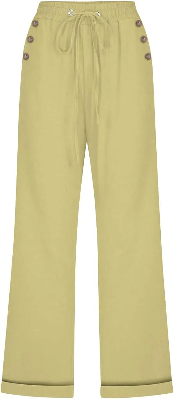 Capri Linen Pants for Women Cotton Casual Summer Capris Drawstring High Waist Pants Wide Leg Buttons Cropped Trousers