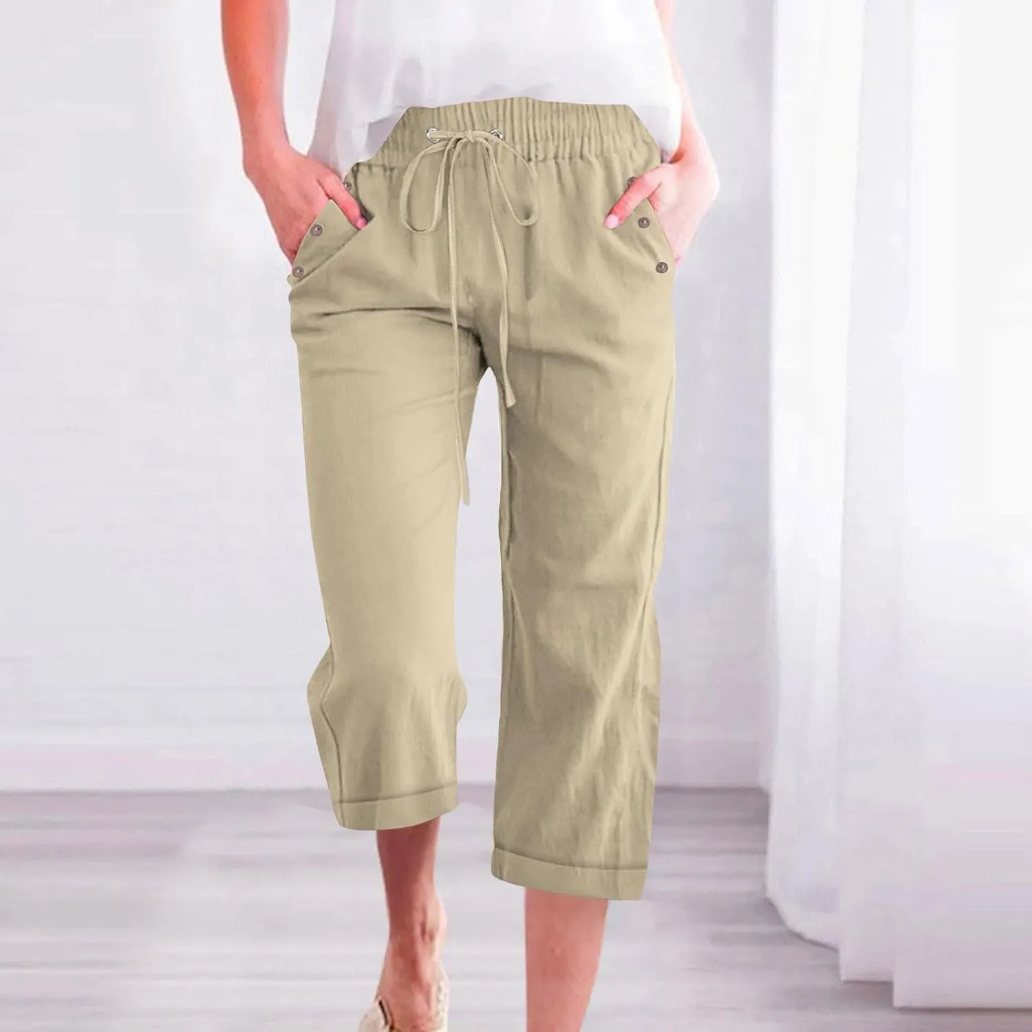 Capri Linen Pants for Women Cotton Casual Summer Capris Drawstring High Waist Pants Wide Leg Buttons Cropped Trousers
