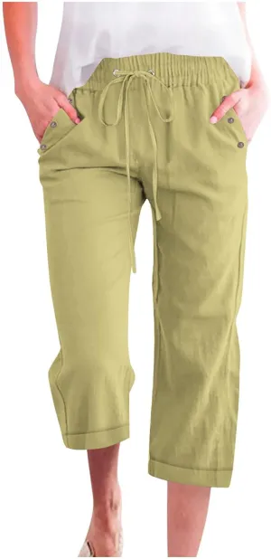 Capri Linen Pants for Women Cotton Casual Summer Capris Drawstring High Waist Pants Wide Leg Buttons Cropped Trousers