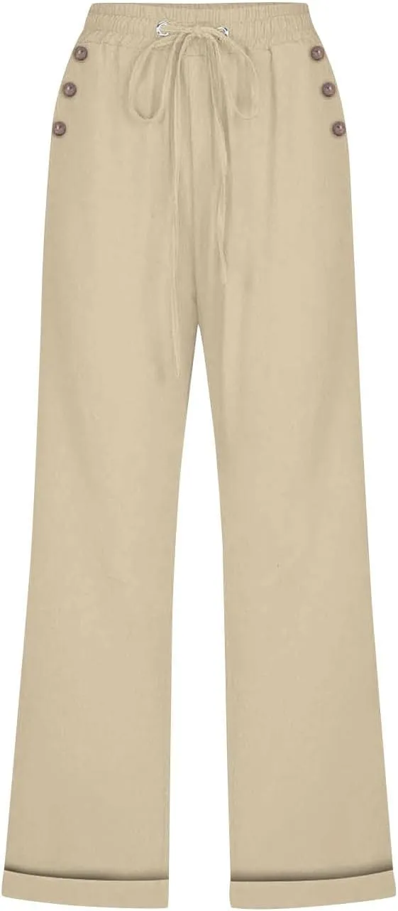 Capri Linen Pants for Women Cotton Casual Summer Capris Drawstring High Waist Pants Wide Leg Buttons Cropped Trousers