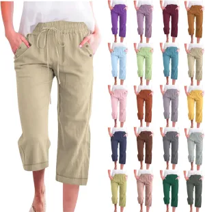 Capri Linen Pants for Women Cotton Casual Summer Capris Drawstring High Waist Pants Wide Leg Buttons Cropped Trousers