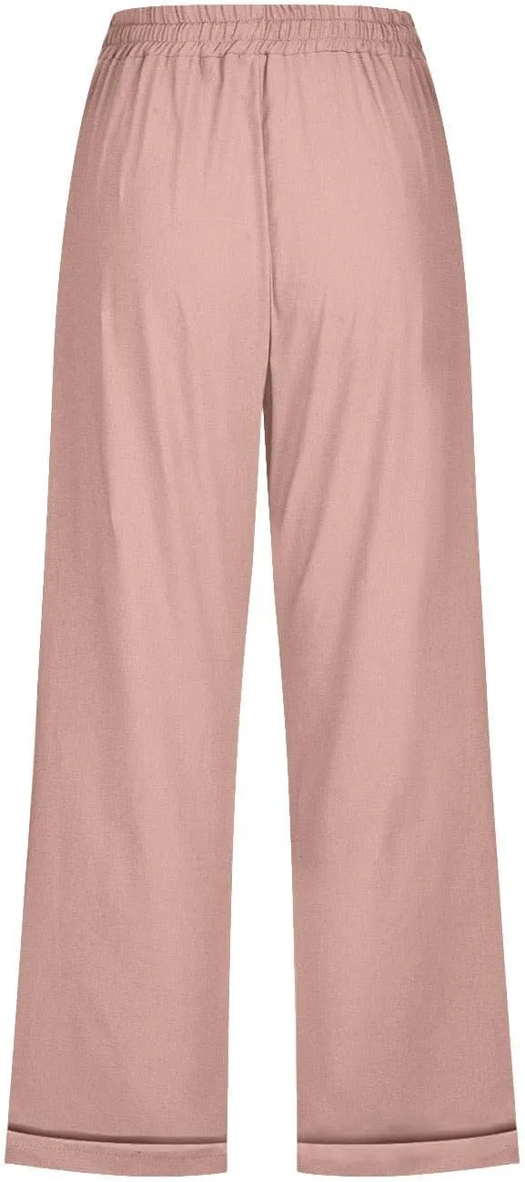Capri Linen Pants for Women Cotton Casual Summer Capris Drawstring High Waist Pants Wide Leg Buttons Cropped Trousers