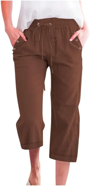 Capri Linen Pants for Women Cotton Casual Summer Capris Drawstring High Waist Pants Wide Leg Buttons Cropped Trousers