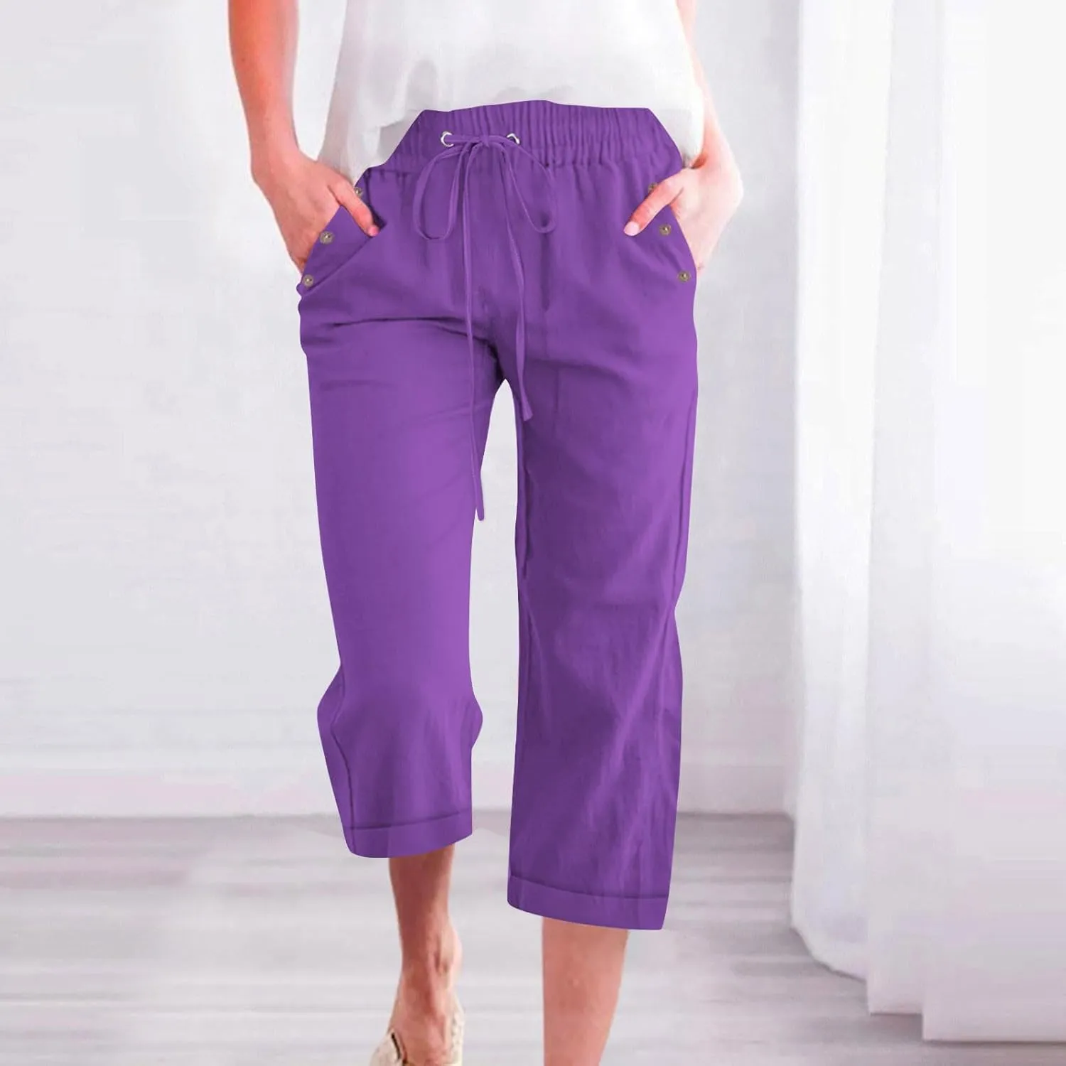 Capri Linen Pants for Women Cotton Casual Summer Capris Drawstring High Waist Pants Wide Leg Buttons Cropped Trousers