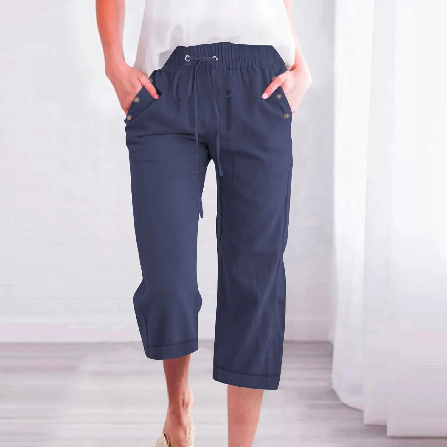 Capri Linen Pants for Women Cotton Casual Summer Capris Drawstring High Waist Pants Wide Leg Buttons Cropped Trousers