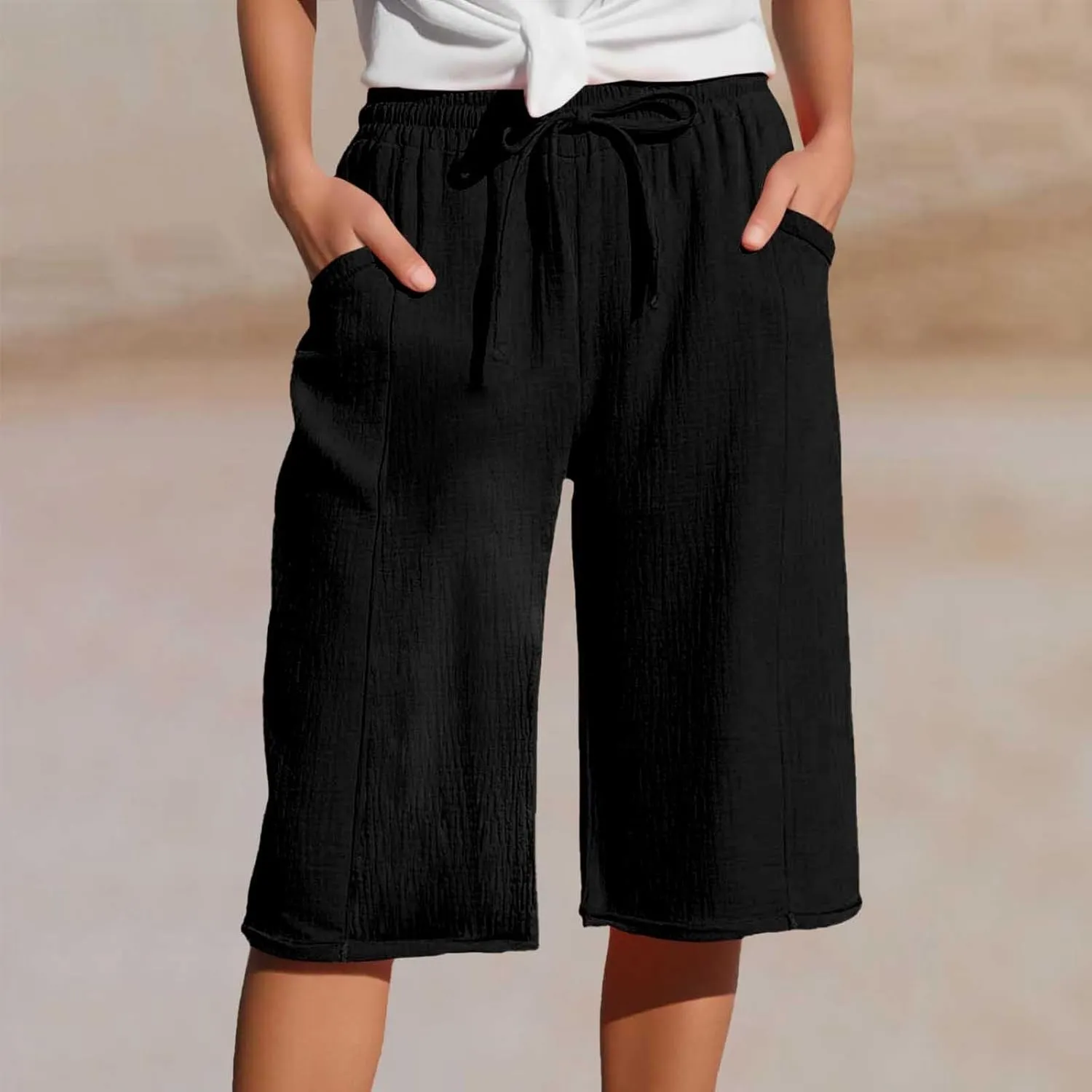 Capri Pants for Women Cotton Casual Summer Capris Drawstring High Waist Pants Wide Straight Leg Cropped Trousers