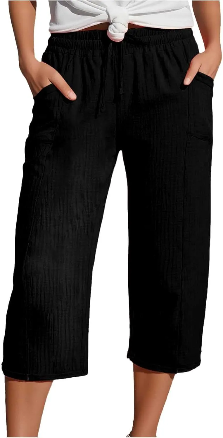 Capri Pants for Women Cotton Casual Summer Capris Drawstring High Waist Pants Wide Straight Leg Cropped Trousers