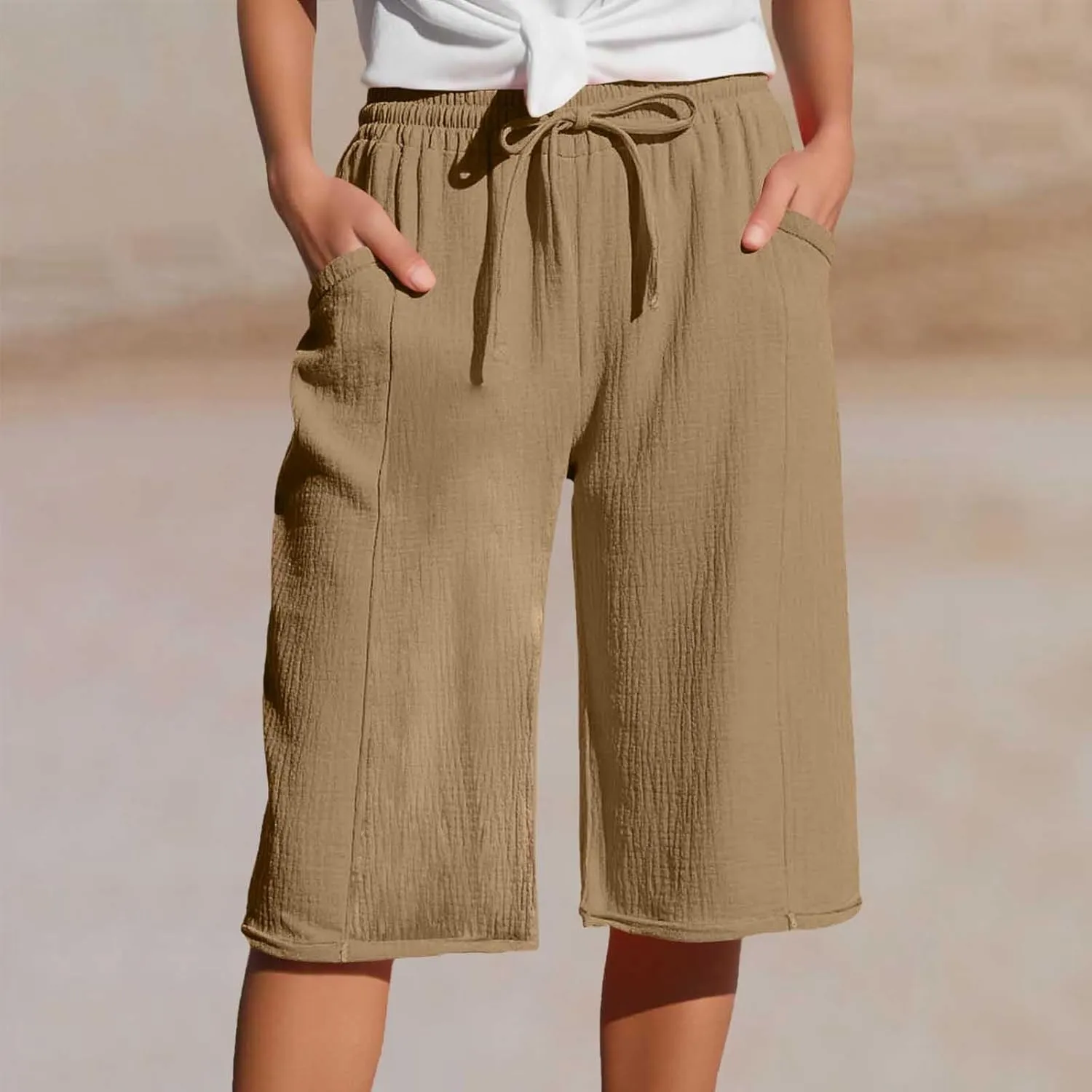 Capri Pants for Women Cotton Casual Summer Capris Drawstring High Waist Pants Wide Straight Leg Cropped Trousers