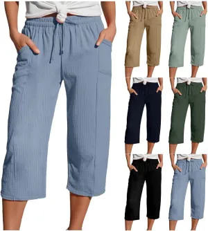 Capri Pants for Women Cotton Casual Summer Capris Drawstring High Waist Pants Wide Straight Leg Cropped Trousers