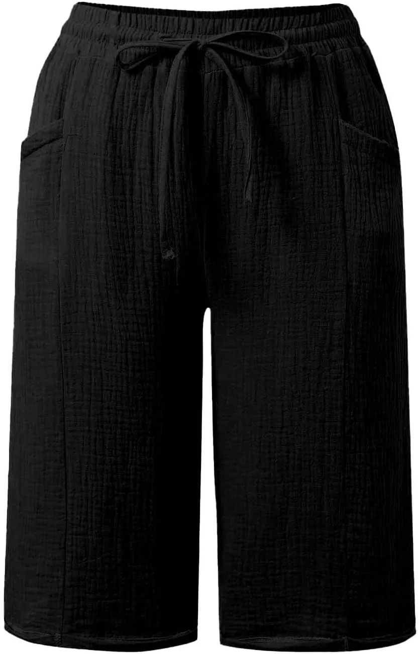 Capri Pants for Women Cotton Casual Summer Capris Drawstring High Waist Pants Wide Straight Leg Cropped Trousers