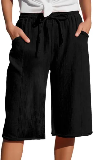 Capri Pants for Women Cotton Casual Summer Capris Drawstring High Waist Pants Wide Straight Leg Cropped Trousers