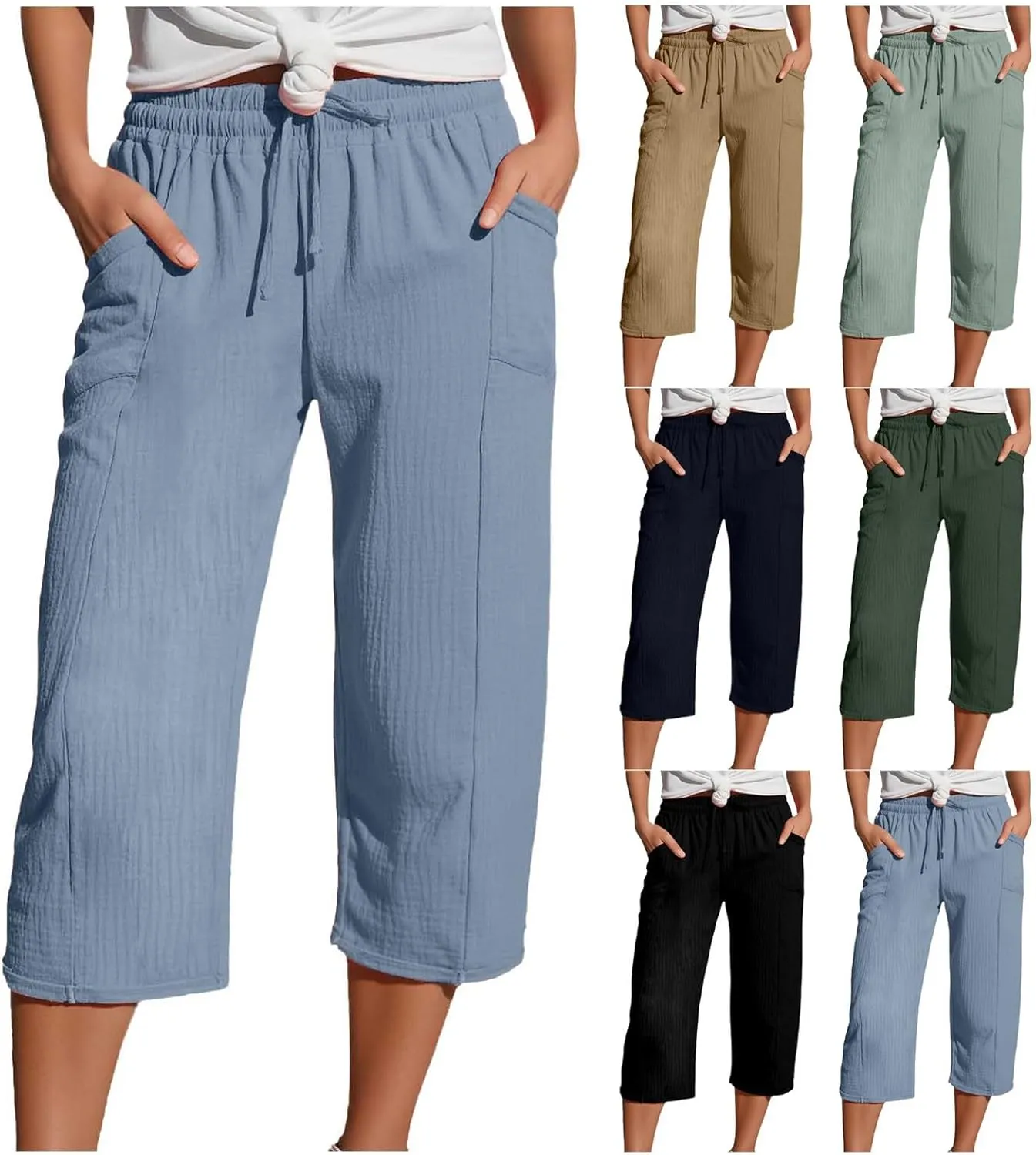 Capri Pants for Women Cotton Casual Summer Capris Drawstring High Waist Pants Wide Straight Leg Cropped Trousers