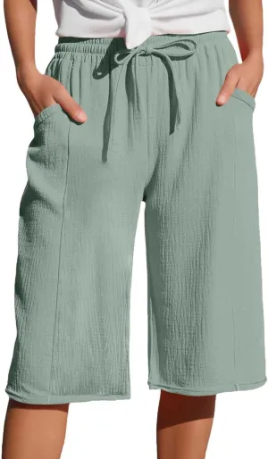 Capri Pants for Women Cotton Casual Summer Capris Drawstring High Waist Pants Wide Straight Leg Cropped Trousers