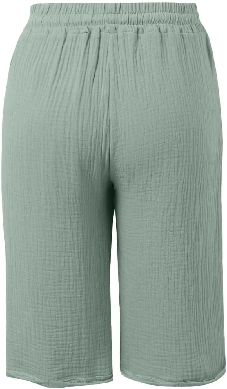 Capri Pants for Women Cotton Casual Summer Capris Drawstring High Waist Pants Wide Straight Leg Cropped Trousers