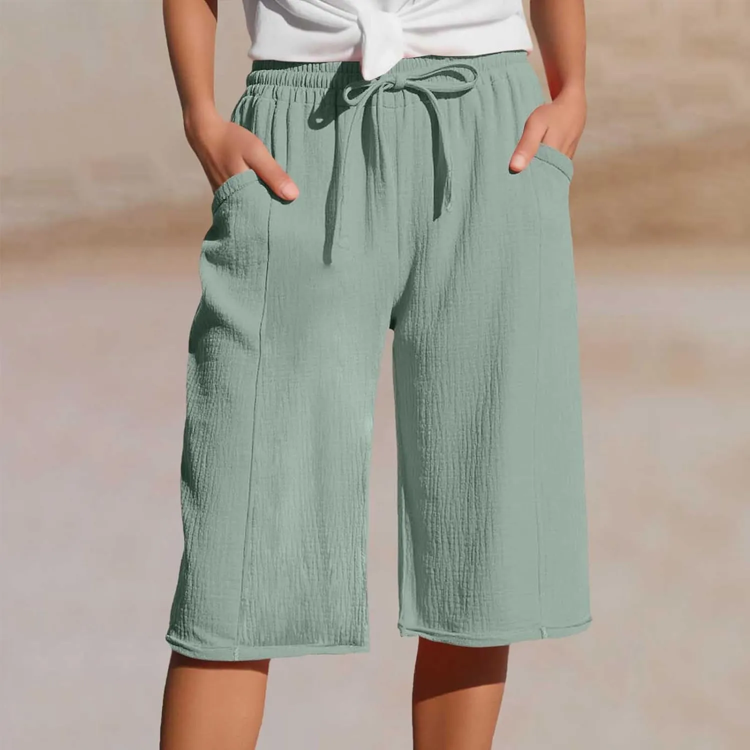 Capri Pants for Women Cotton Casual Summer Capris Drawstring High Waist Pants Wide Straight Leg Cropped Trousers