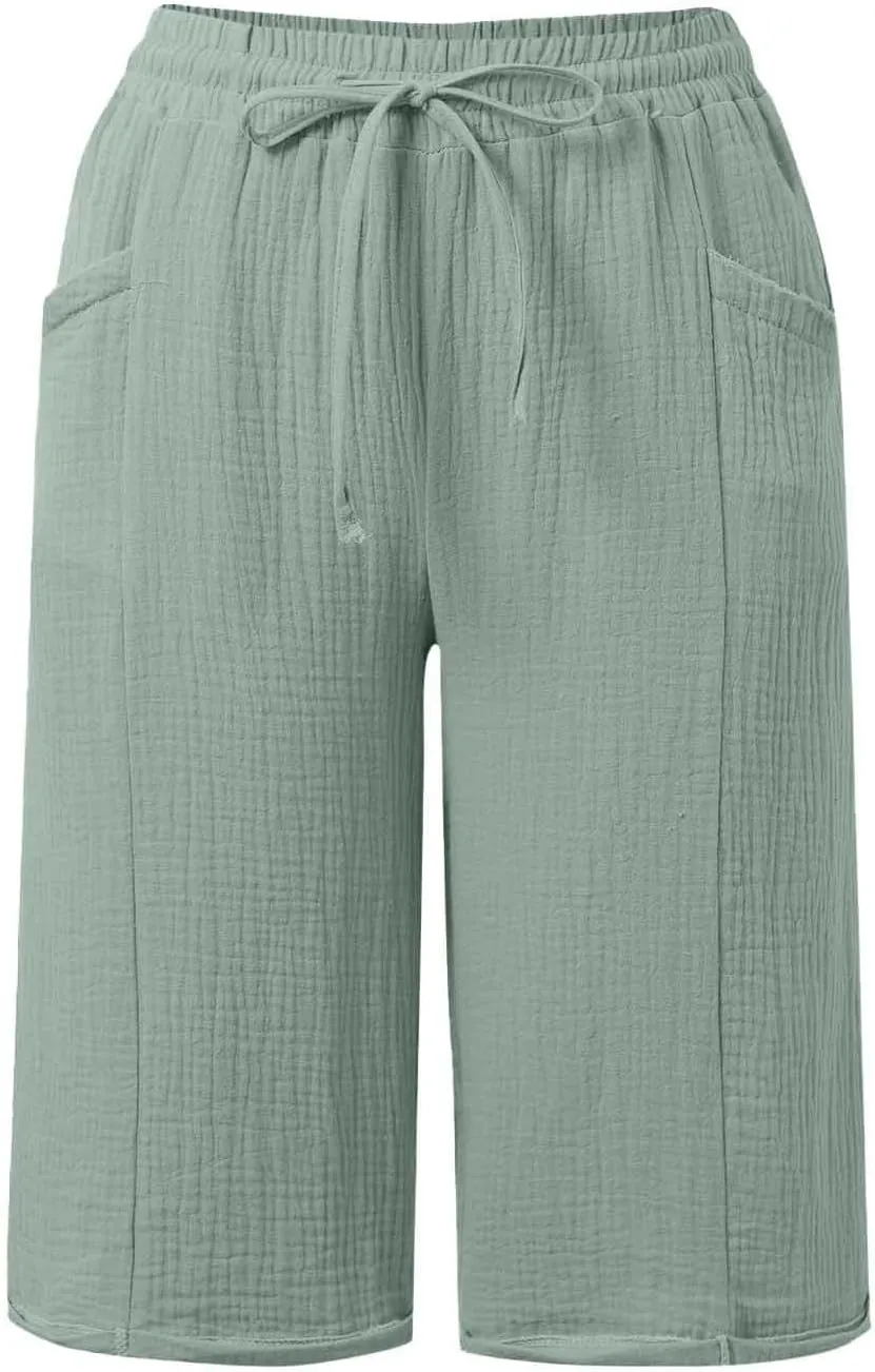 Capri Pants for Women Cotton Casual Summer Capris Drawstring High Waist Pants Wide Straight Leg Cropped Trousers
