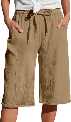 Capri Pants for Women Cotton Casual Summer Capris Drawstring High Waist Pants Wide Straight Leg Cropped Trousers